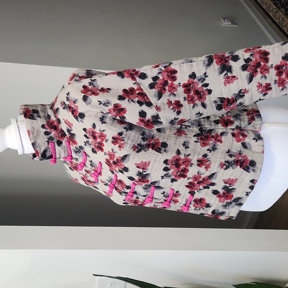 Vintage Chinese Frog Button Jacket Mandarin Collar Floral Blouse Tang Top XL - Picture 3 of 16